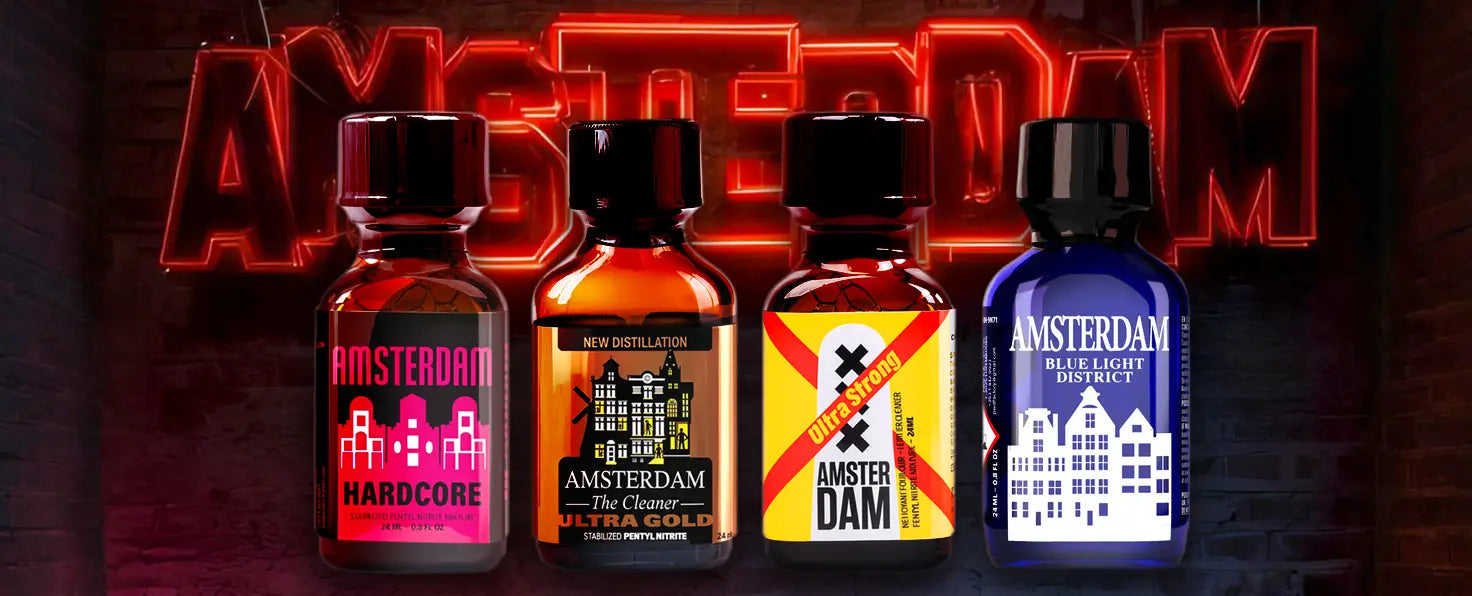 Four Amsterdam poppers bottles with a neon 'Amsterdam' sign in the background.