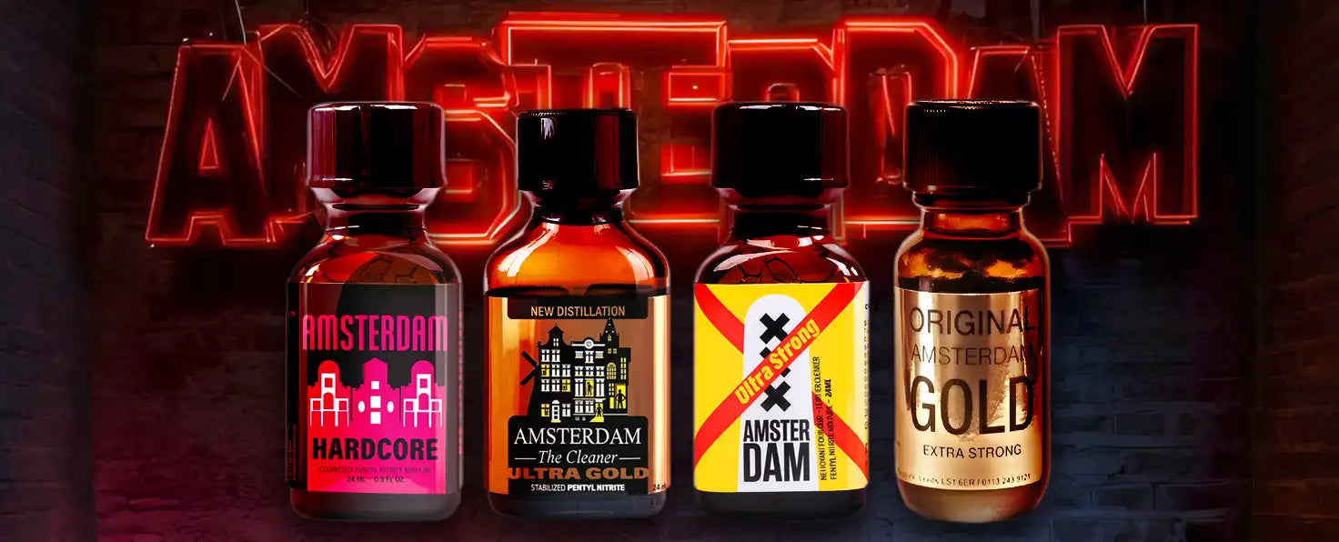 Four Amsterdam poppers with colorful labels on a dark background with 'Amsterdam' branding.