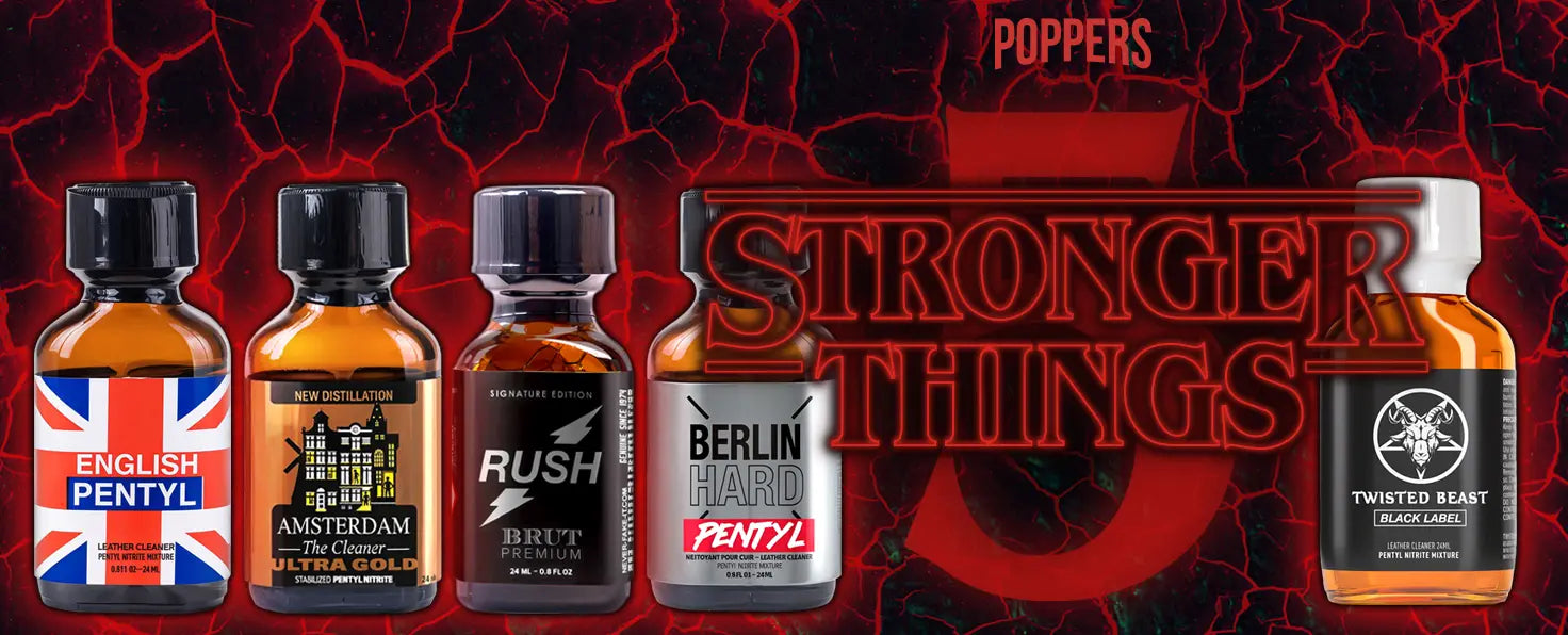 Four bottles of poppers, each with distinct labels and colors, are shown against a dark, cracked background with glowing red lines. The words