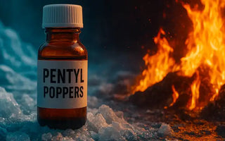 A small brown bottle labeled "PENTYL POPPERS" stands on ice, flames blazing in the background—raising the question: do pentyl poppers expire even when kept so cold?.