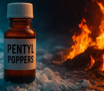 A small brown bottle labeled "PENTYL POPPERS" stands on ice, flames blazing in the background—raising the question: do pentyl poppers expire even when kept so cold?.