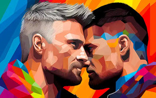 Two men with colorful, geometric features face each other closely, foreheads touching, against a vibrant rainbow background—an intimate scene symbolizing LGBTQ+ pride, love, and shared moments with the best poppers.
