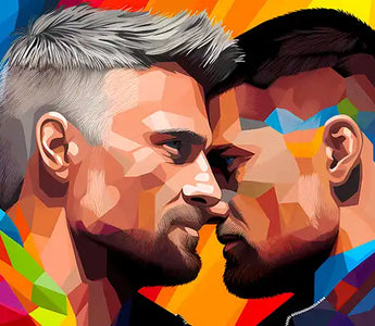 Two men with colorful, geometric features face each other closely, foreheads touching, against a vibrant rainbow background—an intimate scene symbolizing LGBTQ+ pride, love, and shared moments with the best poppers.