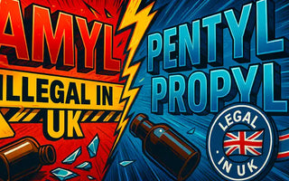Illustration split in half: left side highlights “AMYL illegal in UK” with red, yellow, and broken bottles; right side features “PENTYL PROPYL legal in UK” with blue tones, bottles, and a UK flag—showing the status of Amyl poppers in the UK.