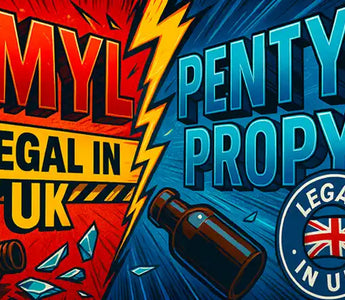 Illustration split in half: left side highlights “AMYL illegal in UK” with red, yellow, and broken bottles; right side features “PENTYL PROPYL legal in UK” with blue tones, bottles, and a UK flag—showing the status of Amyl poppers in the UK.