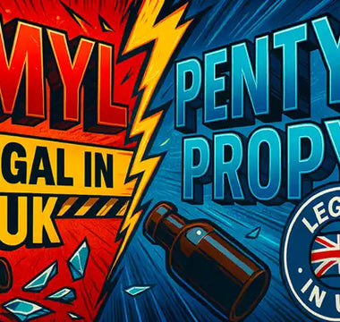 Illustration split in half: left side highlights “AMYL illegal in UK” with red, yellow, and broken bottles; right side features “PENTYL PROPYL legal in UK” with blue tones, bottles, and a UK flag—showing the status of Amyl poppers in the UK.