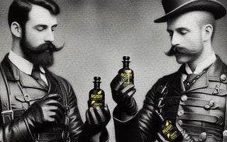 Two men with vintage attire and handlebar mustaches hold small bottles labeled "RUSH" in their gloved hands. They are looking intently at the poppers, which are highlighted in yellow, contrasting with the black and white style of the image.