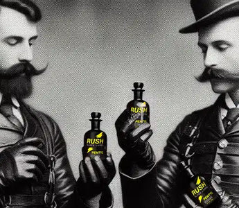Two men with vintage attire and handlebar mustaches hold small bottles labeled "RUSH" in their gloved hands. They are looking intently at the poppers, which are highlighted in yellow, contrasting with the black and white style of the image.