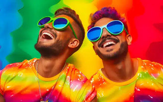 Two people wearing vibrant rainbow-colored t-shirts and oversized sunglasses are smiling and looking up. The background features a colorful, wavy rainbow pattern, creating a cheerful and lively atmosphere reminiscent of 2024 celebrations.