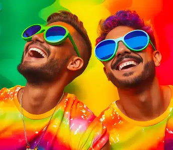 Two people wearing vibrant rainbow-colored t-shirts and oversized sunglasses are smiling and looking up. The background features a colorful, wavy rainbow pattern, creating a cheerful and lively atmosphere reminiscent of 2024 celebrations.
