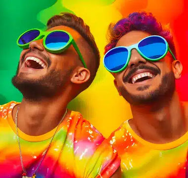 Two people wearing vibrant rainbow-colored t-shirts and oversized sunglasses are smiling and looking up. The background features a colorful, wavy rainbow pattern, creating a cheerful and lively atmosphere reminiscent of 2024 celebrations.
