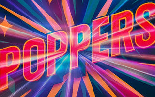 Colorful retro-style illustration with the phrase "Best Poppers for Beginners" in bold, 3D letters. Dynamic lines and starburst shapes radiate outward in shades of blue, pink, and orange, creating an energetic and vibrant design.