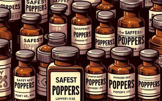 Illustration of various brown bottles labeled "Safest Poppers" lined up in rows, subtly addressing the question of which poppers are safest. Each bottle showcases unique designs and fonts on white labels, set against a muted background.