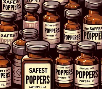 Illustration of various brown bottles labeled "Safest Poppers" lined up in rows, subtly addressing the question of which poppers are safest. Each bottle showcases unique designs and fonts on white labels, set against a muted background.