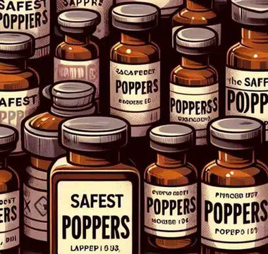 Illustration of various brown bottles labeled "Safest Poppers" lined up in rows, subtly addressing the question of which poppers are safest. Each bottle showcases unique designs and fonts on white labels, set against a muted background.