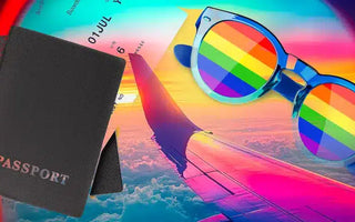 A passport and rainbow sunglasses rest over an airplane wing view with a vibrant, colorful sky in the background, symbolizing LGBTQ+ travel and the spirit of adventure—perfect for those seeking the best poppers for bottoms on their journeys