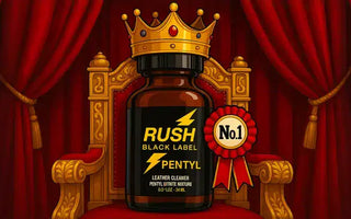 A brown bottle labeled "RUSH BLACK LABEL PENTYL" wearing a gold crown sits on an ornate throne with a "No. 1" ribbon—hinting at what is the most popular popper in the UK. Red curtains are draped in the background.