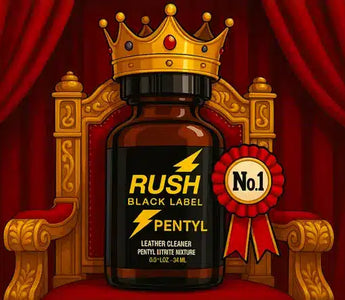 A brown bottle labeled "RUSH BLACK LABEL PENTYL" wearing a gold crown sits on an ornate throne with a "No. 1" ribbon—hinting at what is the most popular popper in the UK. Red curtains are draped in the background.
