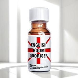 A small 25ml bottle with a white cap is labeled "English Room Odouriser," featuring a red cross on a white background. The bottle is illuminated and has a reflection below it.