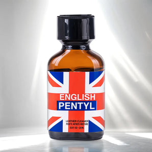 English Pentyl Poppers 24ml featuring a Union Jack design and indicating it contains a leather cleaner pentyl nitrite mixture.