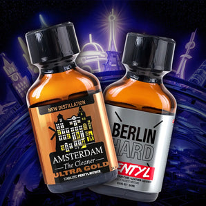Euro Pentyl Pack Amsterdam Ultra Gold and Pentyl Berlin Hard. Two small bottles are shown against a colorful, abstract background. The left bottle, labeled "Amsterdam Ultra Gold," and the right, "Berlin Hard Pentyl," make a striking Euro Pentyl Pack.