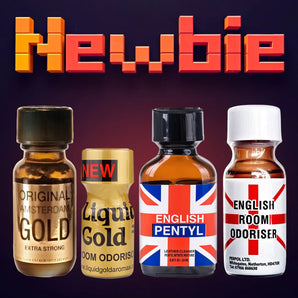 An image labeled "NEWBIE PACK" showcases four small poppers bottles vertically aligned. The labels read: "Amsterdam Original Gold," "Liquid Gold," "English Pentyl" and "English." Against a dark background, the word “NEWBIE” is prominently displayed in orange block lettering above.