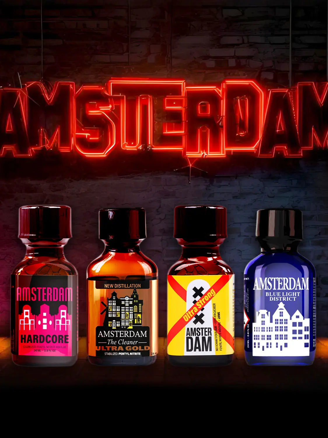 Four Amsterdam poppers bottles with a neon 'Amsterdam' sign in the background.