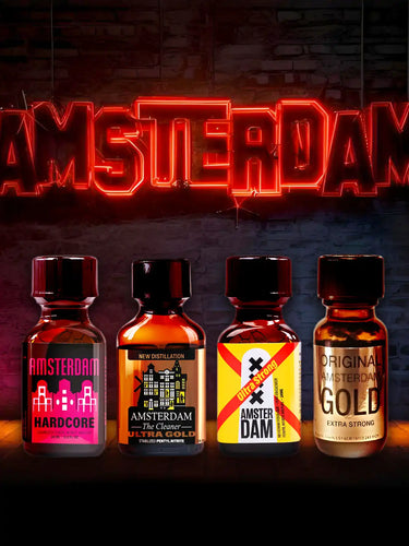 Four Amsterdam poppers bottles with a neon 'Amsterdam' sign in the background.