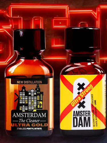 Four Amsterdam poppers with colorful labels on a dark background with 'Amsterdam' branding.