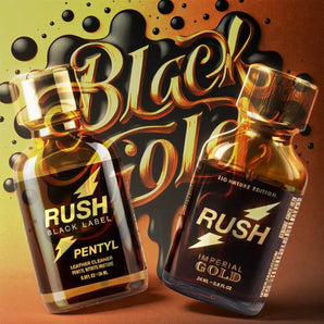 The image showcases two small amber bottles of "Black Gold" pentyl poppers, each topped with black caps. One bottle is distinctly labeled "Pentyl Black Label," while the other bears the label "Imperial Gold." In the background, the words "Black Gold" are prominently displayed in a stylized golden font adorned with black spots.
