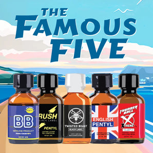 Image showcasing The Famous Five: a collection of five distinct poppers set against a scenic coastal landscape. Each bottle features a unique label: "BB – Genuine Product," "RUSH – Black Label Pentyl," "Twisted Beast – Black Label Pentyl," "English Pentyl," and "Thunder Bull – Xtreme.