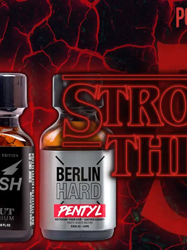 Four bottles of poppers, each with distinct labels and colors, are shown against a dark, cracked background with glowing red lines. The words "POPPERS" and "STRONGER THINGS" appear in bright red text on the right side. This dynamic visual gives an edgy yet inviting feel, perfect for any home party.