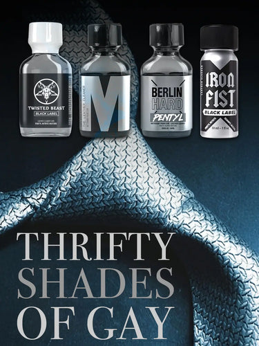 Collection of poppers bottles with text 'Thrifty Shades of Gay' on a dark background