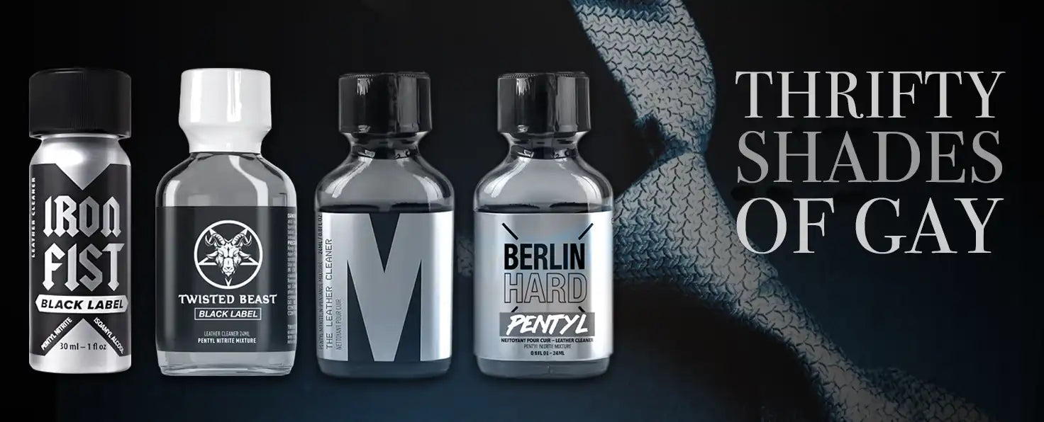 Five small bottles with labels on a dark background, featuring the text 'Thrifty Shades of Gay'.