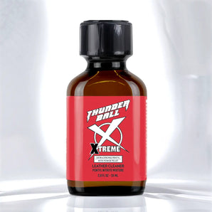 Thunderball Extreme Pentyl Poppers 24ml. The red label displays white and black text indicating "Leather Cleaner" and "Pentyl Nitrite Mixture." This 24ml bottle contains the powerful Pentyl Poppers known as Thunderball Extreme.