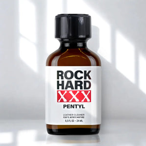 Rock Hard XXX Pentyl Poppers 24ml in a small brown bottle with bold black and red text, identified as a leather cleaner with a volume of 24ml (0.5 FL OZ).