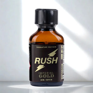Rush Imperial Gold UK poppers 24ml. Luxury strong Pentyl poppers bottle