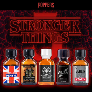 Four bottles of poppers, each with distinct labels and colors, are shown against a dark, cracked background with glowing red lines. The words "POPPERS" and "STRONGER THINGS" appear in bright red text on the right side. This dynamic visual gives an edgy yet inviting feel, perfect for any home party.
